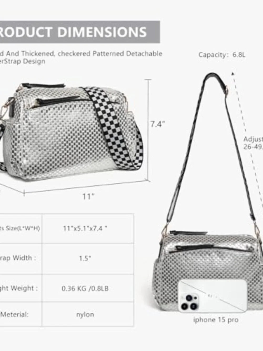 Checkered Crossbody Bag with Adjustable Strap | Nylon Quilted Purse 3 Zips for